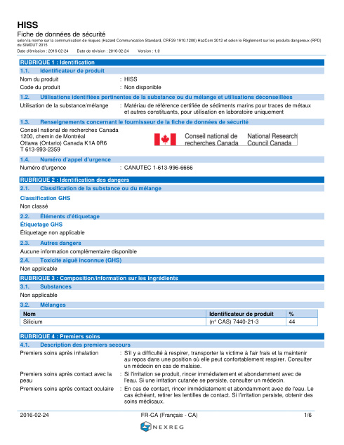 First page of Matériau de référence certifié HISS-1 de sédiment marin sableux FDS – NRC Canada
