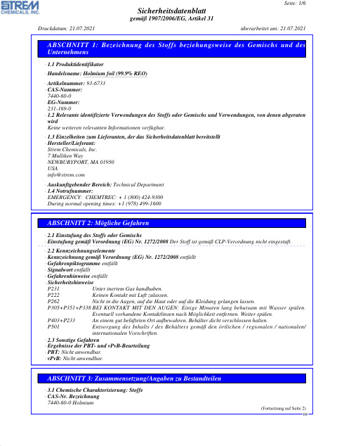 First page of Holmium foil (99.9% REO) 93-6733 SDS – Strem Chemicals, Inc.