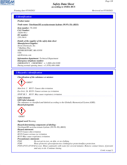 First page of Ytterbium(III) acetylacetonate hydrate (99.9%-Yb) (REO) 70-2202 SDS – Strem Chemicals, Inc.