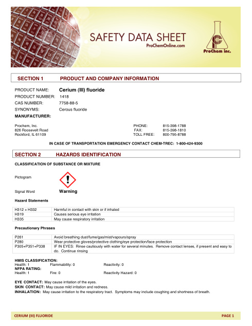 First page of Cerium (III) fluoride 1418 SDS – ProChem, Inc.