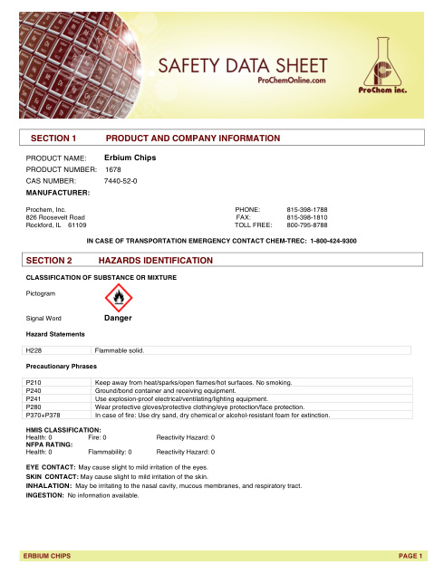 First page of Erbium Chips 1678 SDS – ProChem, Inc.