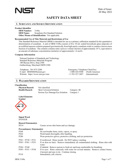 First page of Scandium (Sc) Standard Solution | SDS | National Institute of Standards and Technology (NIST) | SRM 3148a | English | 20 May 2022