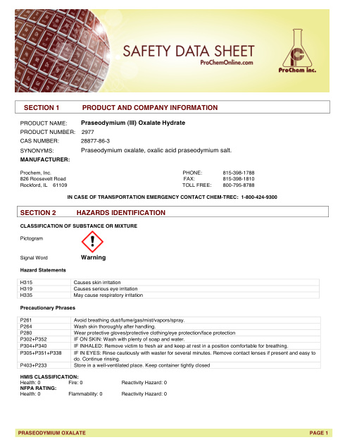 First page of Praseodymium (III) Oxalate Hydrate 2977 SDS – ProChem, Inc.