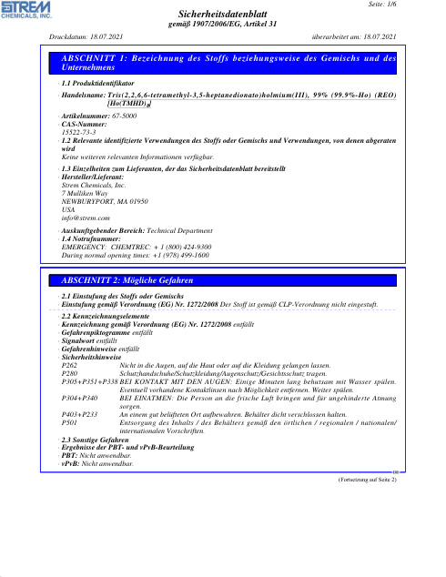 First page of Tris(2,2,6,6-tetramethyl-3,5-heptanedionato)holmium(III), 99% (99.9%-Ho) (REO) 67-5000 SDS – Strem Chemicals, Inc.