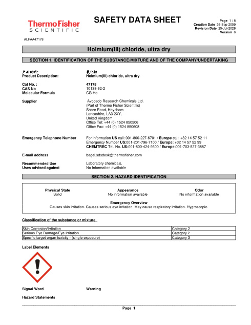 First page of Holmium(III) chloride, ultra dry ALFAA47178 SDS – Avocado Research Chemicals Ltd. (Part of Thermo Fisher Scientific)