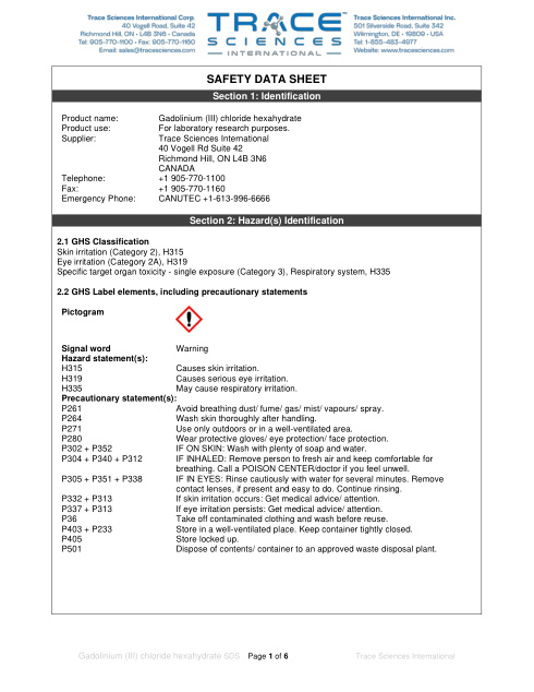 First page of Gadolinium (III) chloride hexahydrate | SDS | CAS 13450-84-5 | Trace Sciences | English