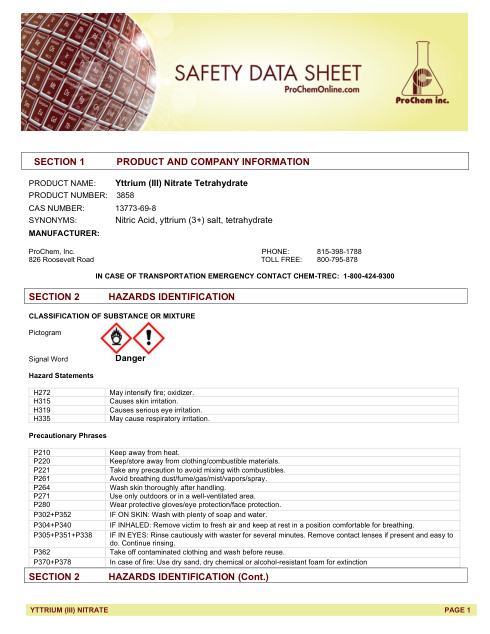 First page of Yttrium (III) Nitrate Tetrahydrate 3858 SDS – ProChem, Inc.