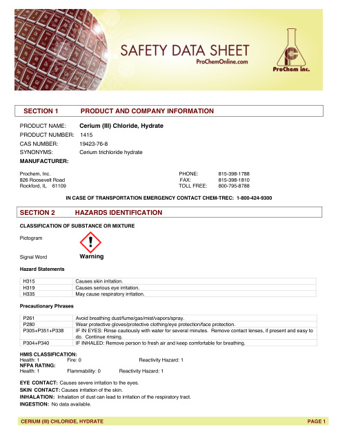 First page of Cerium (III) Chloride, Hydrate 1415 SDS – ProChem, Inc.