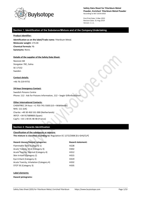 First page of Ytterbium Metal. | SDS | CAS 7440-64-4 | Neonest AB | Version 1.1.1 | English | 31-Aug-2019