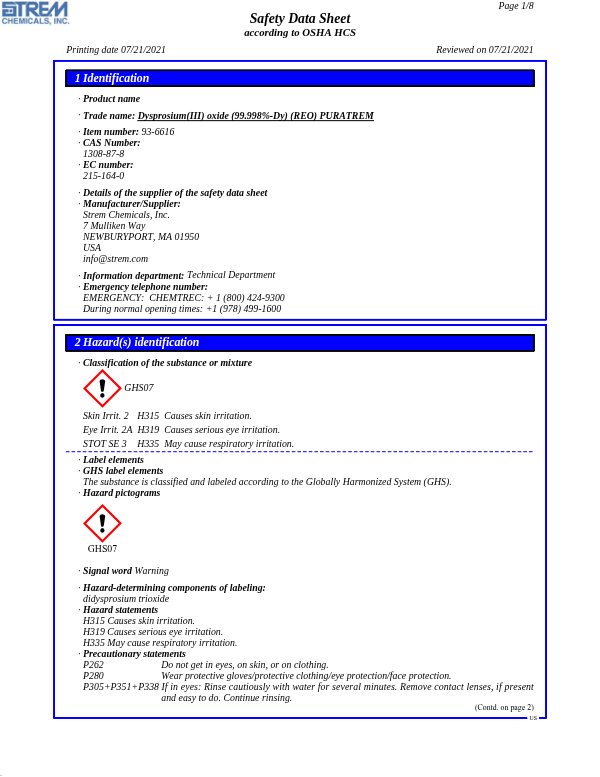 First page of · Trade name: Dysprosium(III) oxide (99.998%-Dy) (REO) PURATREM 93-6616 SDS – Strem Chemicals, Inc.