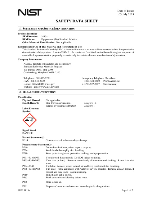 First page of Dysprosium (Dy) Standard Solution | SDS | National Institute of Standards and Technology (NIST) | SRM 3115a | English | 05 July 2018