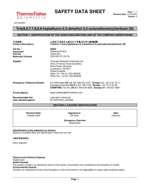 First page of Tris(6,6,7,7,8,8,8-heptafluoro-2,2-dimethyl-3,5-octanedionato)ytterbium (III) ALFAA39582 SDS – Avocado Research Chemicals Ltd. (Part of Thermo Fisher Scientific)