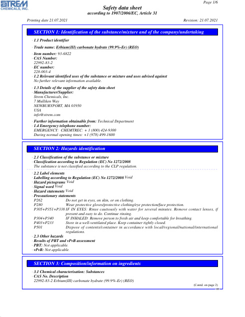 First page of Erbium(III) carbonate hydrate (99.9%-Er) (REO) 93-6822 SDS – Strem Chemicals, Inc.