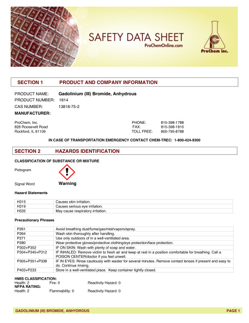 First page of Gadolinium (III) Bromide, Anhydrous | SDS | CAS 13818-75-2 | ProChem | 1814 | English
