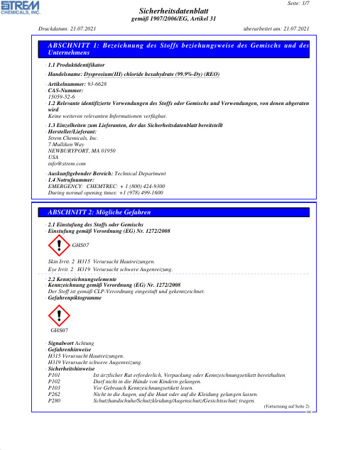 First page of Dysprosium(III) chloride hexahydrate (99.9%-Dy) (REO) 93-6628 SDS – Strem Chemicals, Inc.