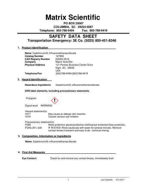 First page of Gadolinium(III) trifluoromethanesulfonate | SDS | CAS 52093-29-5 | Matrix | English