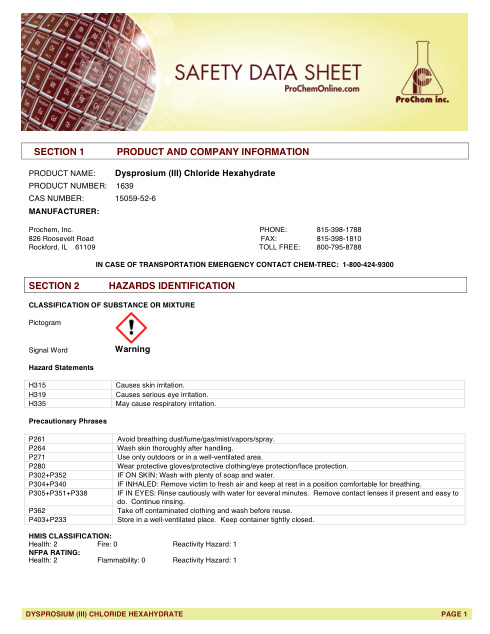 First page of Dysprosium (III) Chloride Hexahydrate 1639 SDS – ProChem, Inc.