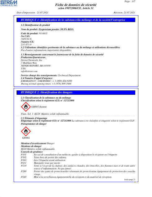 First page of Dysprosium powder (99.9% REO) 93-6635 SDS – Strem Chemicals, Inc.