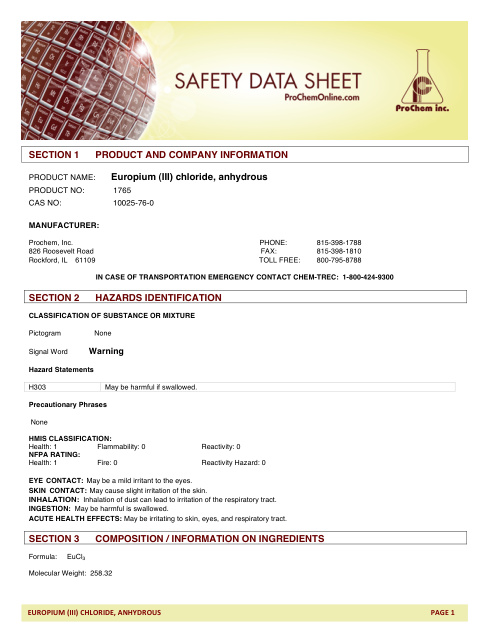 First page of Europium (III) chloride, anhydrous 1765 SDS – ProChem, Inc.