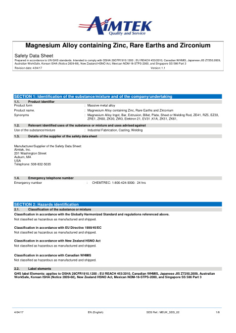 First page of Magnesium Alloy containing Zinc, Rare Earths and Zirconium SDS – Aimtek, Inc.