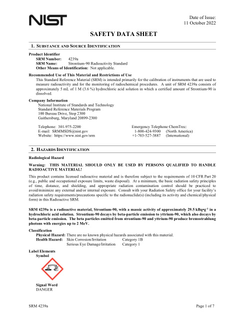 First page of Strontium-90 solution with trace yttrium ions | SDS | National Institute of Standards and Technology (NIST) | NIST SRM 4239a | English | 11 October 2022