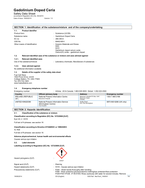 First page of Gadolinium Doped Ceria | SDS | CAS 66402-68-4 | Nexceris | English | 18/09/2014 · Version 1.0