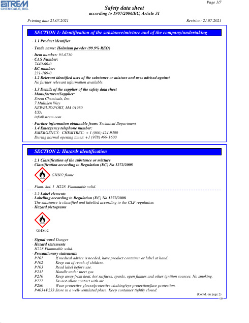 First page of Holmium powder (99.9% REO) 93-6730 SDS – Strem Chemicals, Inc.