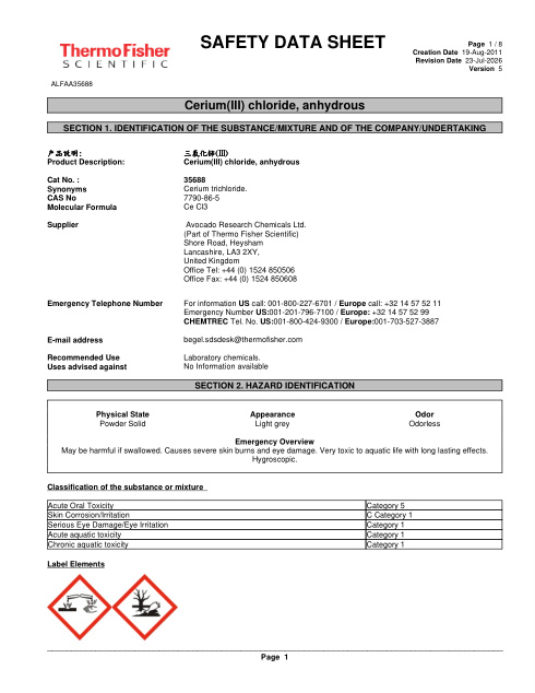 First page of Cerium(III) chloride, anhydrous ALFAA35688 SDS – Avocado Research Chemicals Ltd. (Part of Thermo Fisher Scientific)