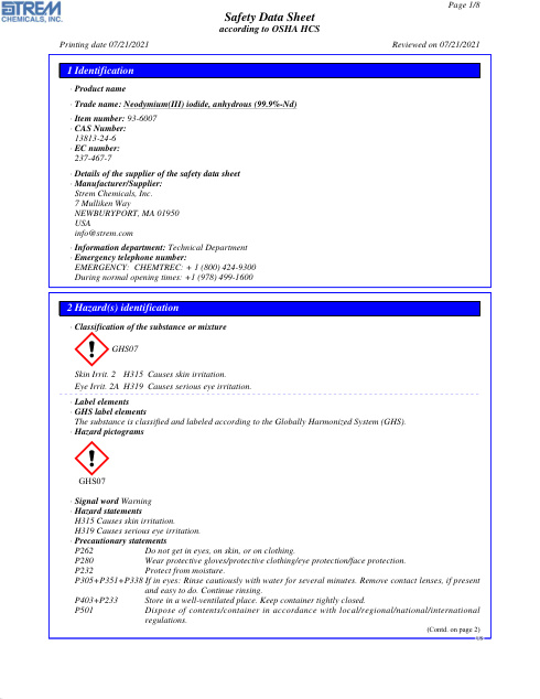 First page of Neodymium(III) iodide, anhydrous (99.9%-Nd) 93-6007 SDS – Strem Chemicals, Inc.