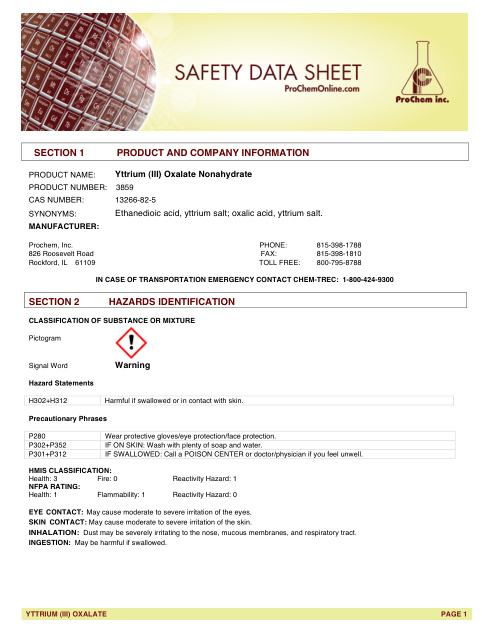First page of Yttrium (III) Oxalate Nonahydrate 3859 SDS – ProChem, Inc.