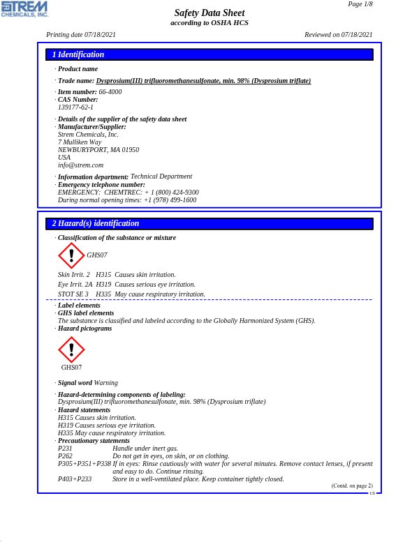 First page of · Trade name: Dysprosium(III) trifluoromethanesulfonate, min. 98% (Dysprosium triflate) 66-4000 SDS – Strem Chemicals, Inc.