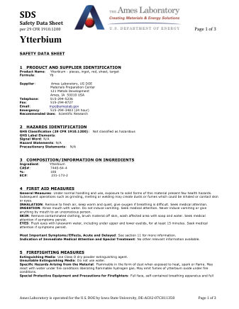 First page of Ytterbium (Yb) Metal — Safety Data Sheet (SDS)