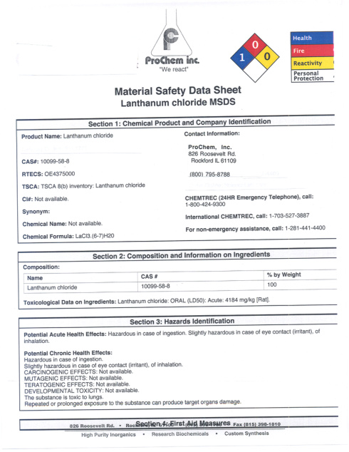 First page of Lanthanum chloride Contact Information SDS – ProChem, Inc.