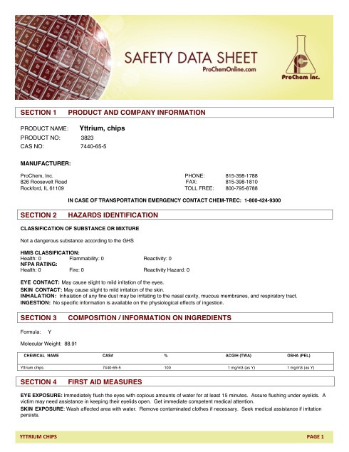 First page of Yttrium, chips 3823 SDS – ProChem, Inc.