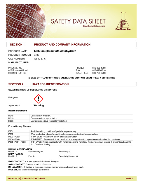 First page of Terbium (III) sulfate octahydrate 3493 SDS – ProChem, Inc.