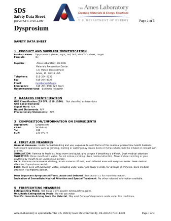 First page of Dysprosium (Dy) Metal — Safety Data Sheet (SDS)