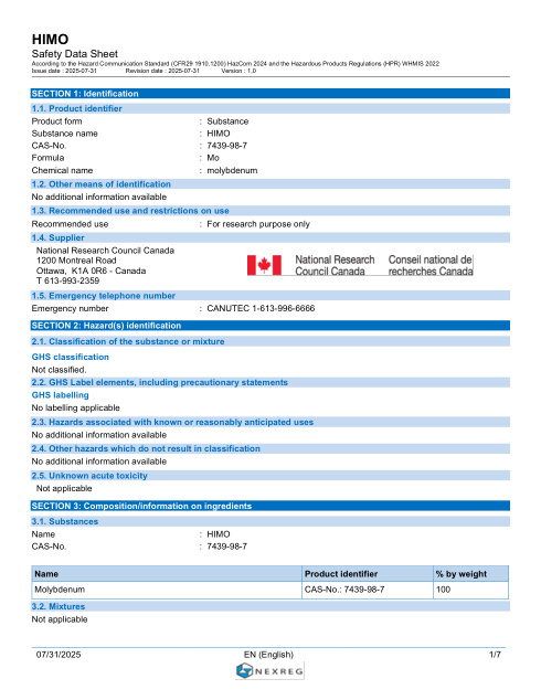 First page of HIMO-1 high-purity molybdenum certified reference material containing certified trace scandium SDS – NRC Canada