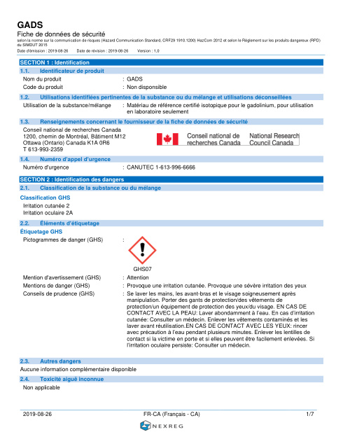 First page of Matériau de référence certifié isotopique du gadolinium dans l'acide nitrique à 2 % | SDS | National Research Council Canada | GADS-1; Version 1,0 | French | 26 août 2019