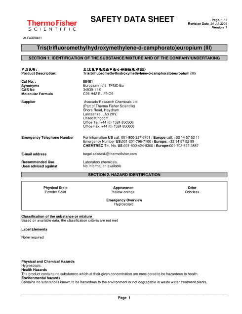 First page of Tris(trifluoromethylhydroxymethylene-d-camphorato)europium (III) ALFAA88481 SDS – Avocado Research Chemicals Ltd. (Part of Thermo Fisher Scientific)