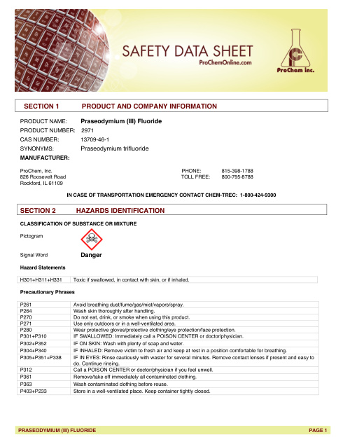 First page of Praseodymium (III) Fluoride 2971 SDS – ProChem, Inc.
