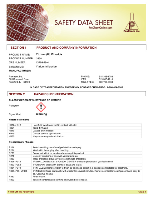 First page of Yttrium (III) Fluoride 3850 SDS – ProChem, Inc.