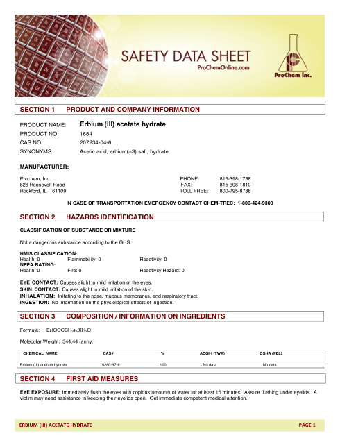 First page of Erbium (III) acetate hydrate 1684 SDS – ProChem, Inc.