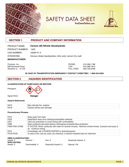 First page of Cerium (III) Nitrate Hexahydrate 1423 SDS – ProChem, Inc.
