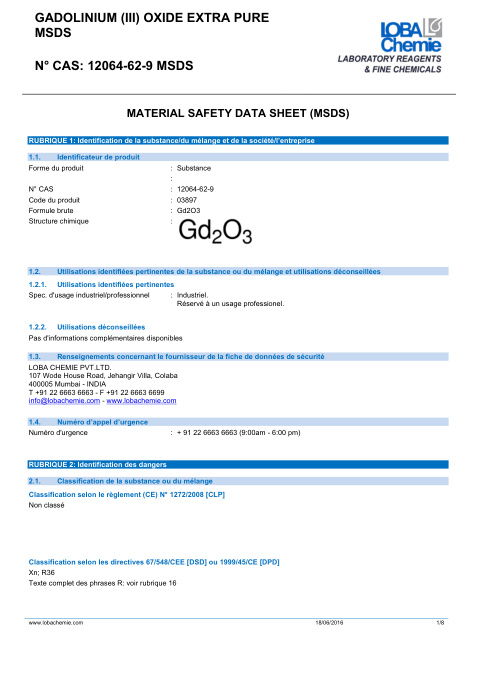 First page of GADOLINIUM (III) OXIDE EXTRA PURE | SDS | CAS 12064-62-9 | Loba Chemie | 03897 | French