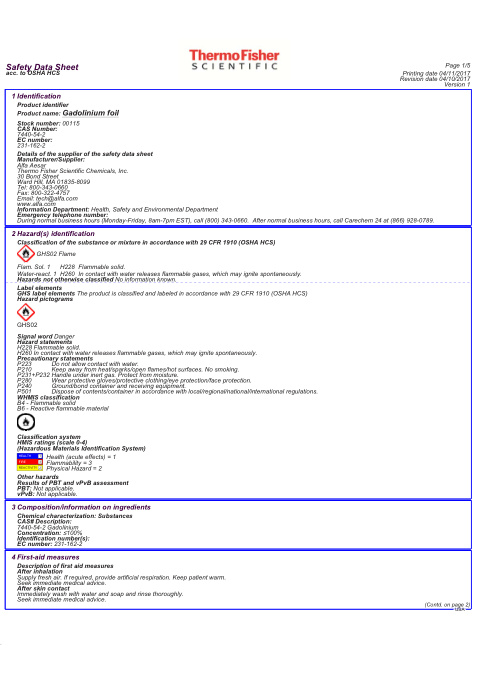 First page of Gadolinium foil | SDS | CAS 7440-54-2 | Alfa-Aesar | English | 04/10/2017 · Version 1