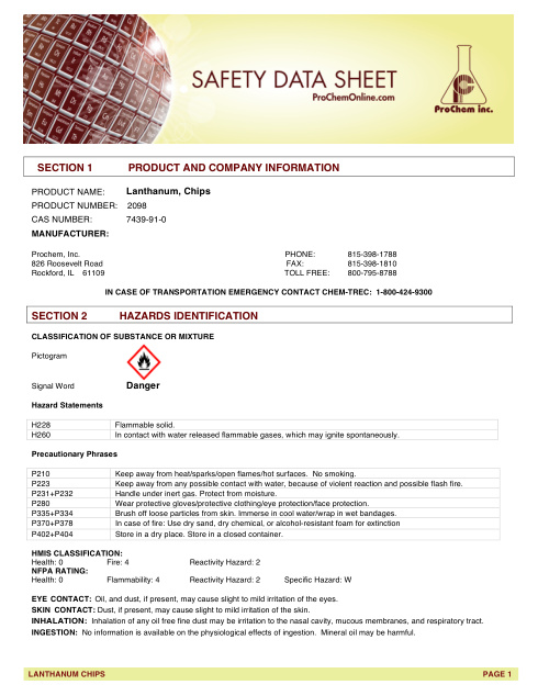 First page of Lanthanum, Chips 2098 SDS – ProChem, Inc.