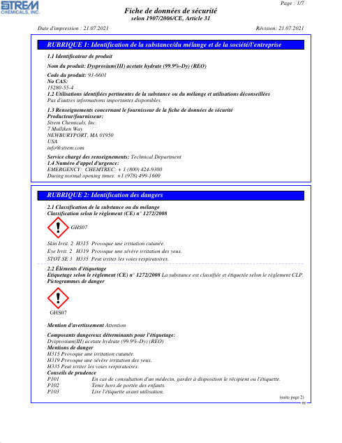 First page of Dysprosium(III) acetate hydrate (99.9%-Dy) (REO) 93-6601 SDS – Strem Chemicals, Inc.