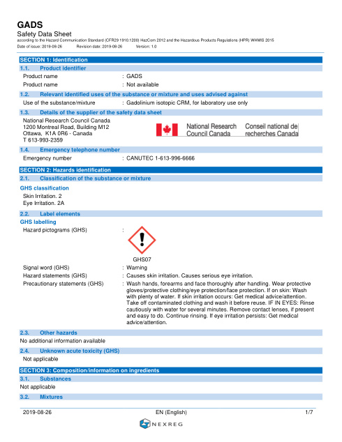 First page of Gadolinium isotopic certified reference material in 2% nitric acid | SDS | National Research Council Canada | GADS-1; Version 1.0 | English | 26 August 2019