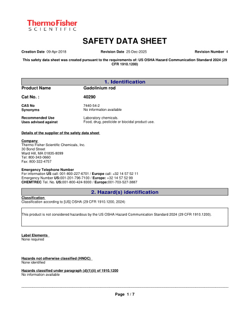 First page of Gadolinium rod | SDS | CAS 7440-54-2 | Thermo Fisher Scientific | 40290 | English | 25-Dec-2025 · Revision 4