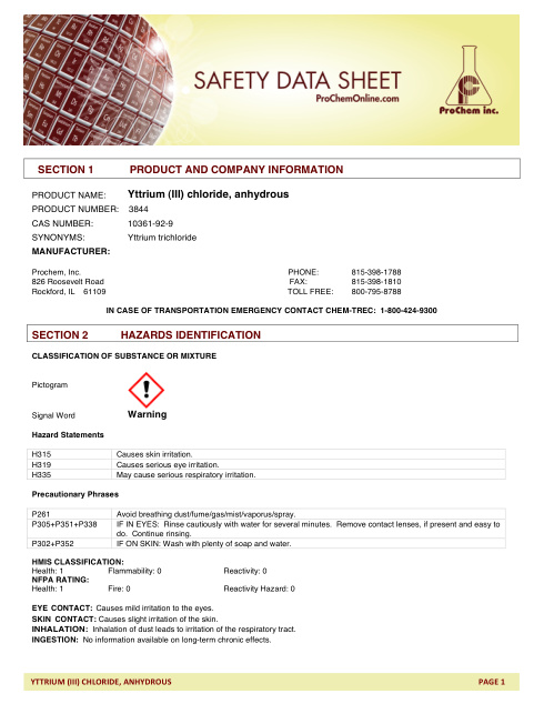 First page of Yttrium (III) chloride, anhydrous 3844 SDS – ProChem, Inc.
